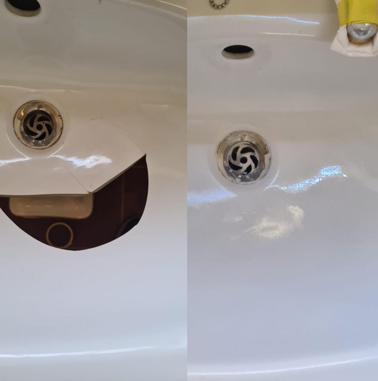 before and after pictures of a ceramic sink crack repair Before and after ceramic sink crack repair in Bath
